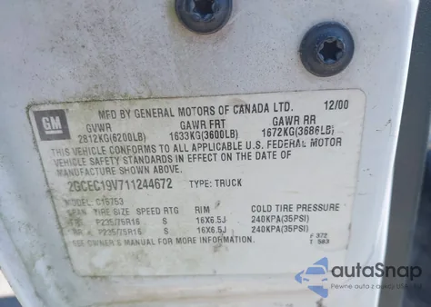 2001 Chevrolet Silverado C1500 from USA, damaged, VIN 2GCEC19V711244672